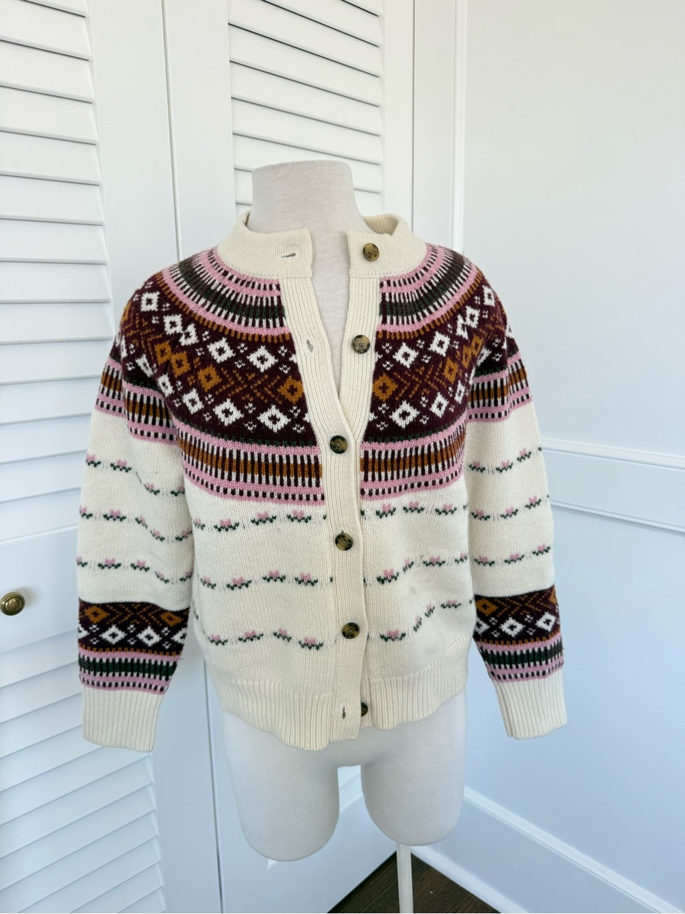 Hill House Cream Fair Isle Cardigan with Pink and Brown Motifs